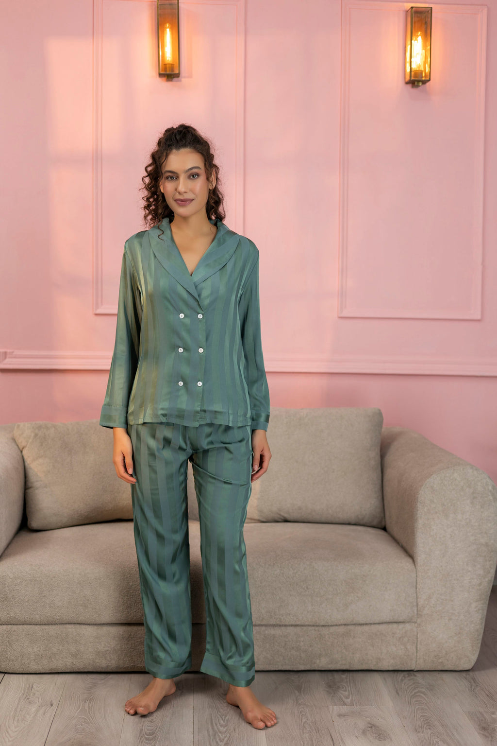 Striped Teal Green Satin Shirt & Pajama Set