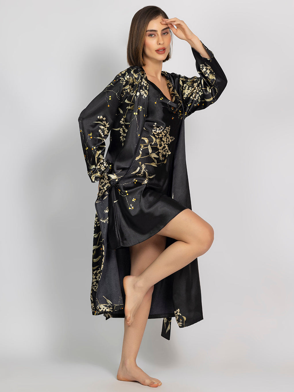 Black Floral Satin Pack Of 5 -Robe Set Nightwear