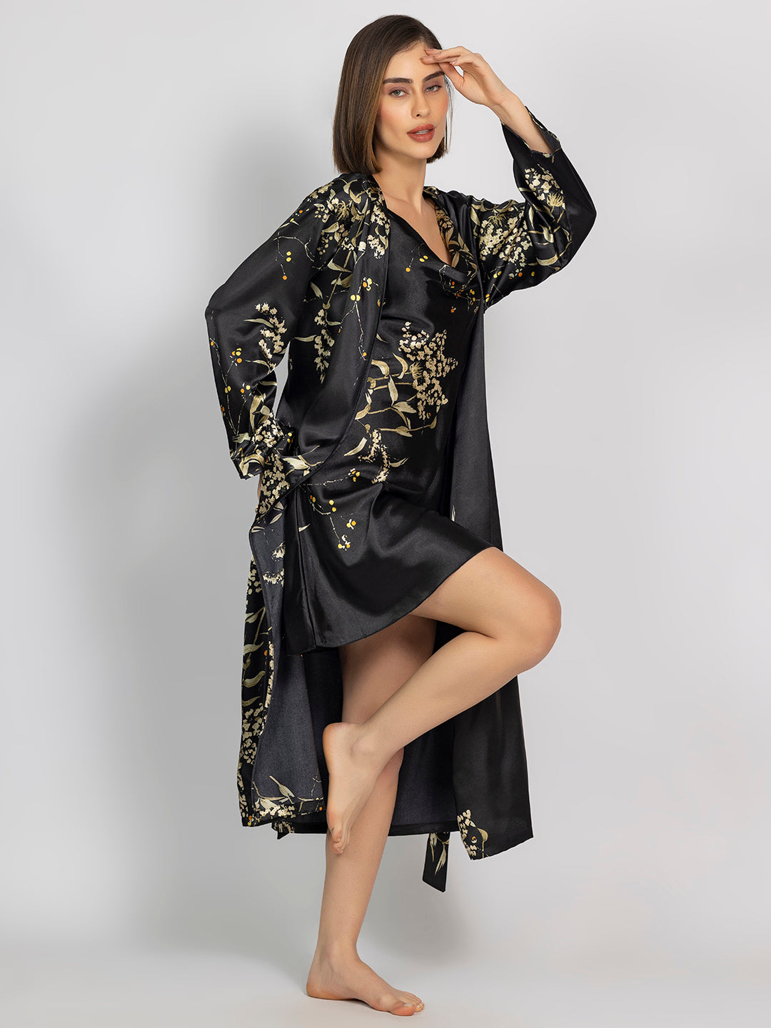 Black Floral Satin Pack Of 5 -Robe Set Nightwear