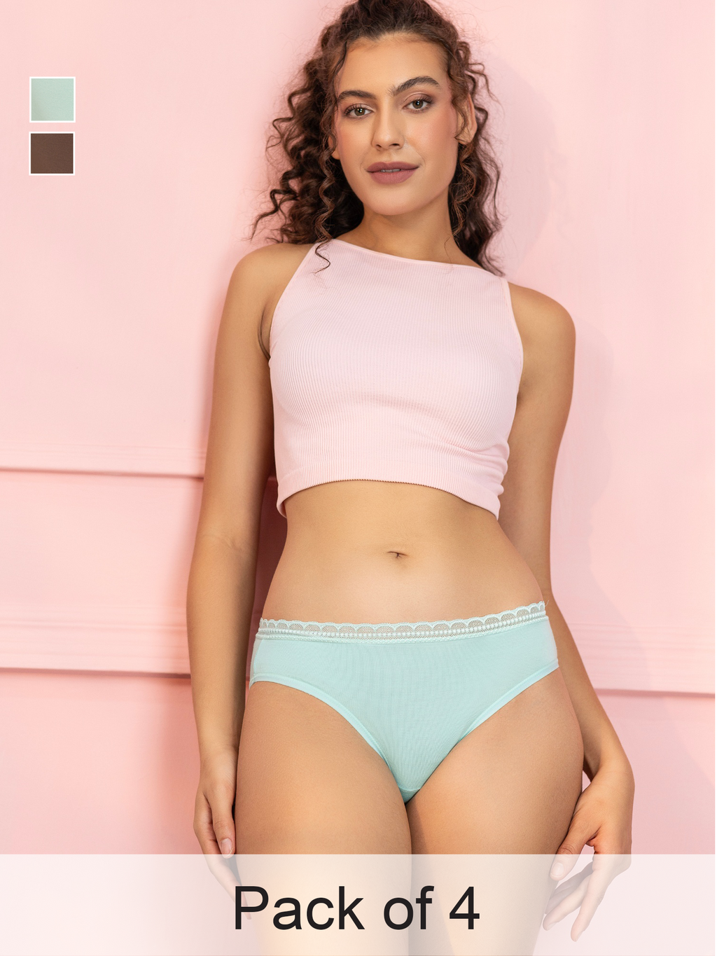 Pack of 4 Mid-Rise Bikini Briefs for Women – 2 Light Brown & 2 Mint | Soft Modal Fabric & Outer Elastic Waistband
