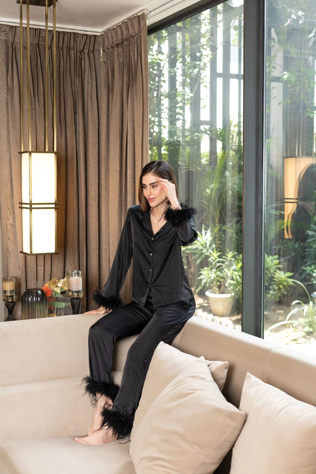 Satin Night Suit Set – Solid Shirt & Pajama With Elegant Fur