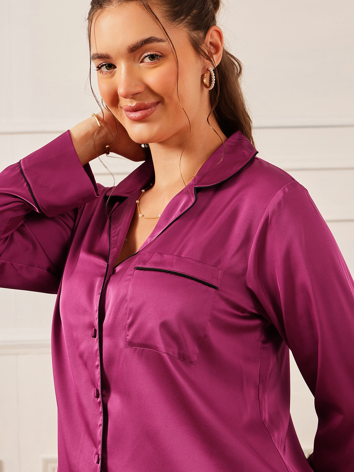 Pink Satin Full Sleeves Shirt & Pyjama Set