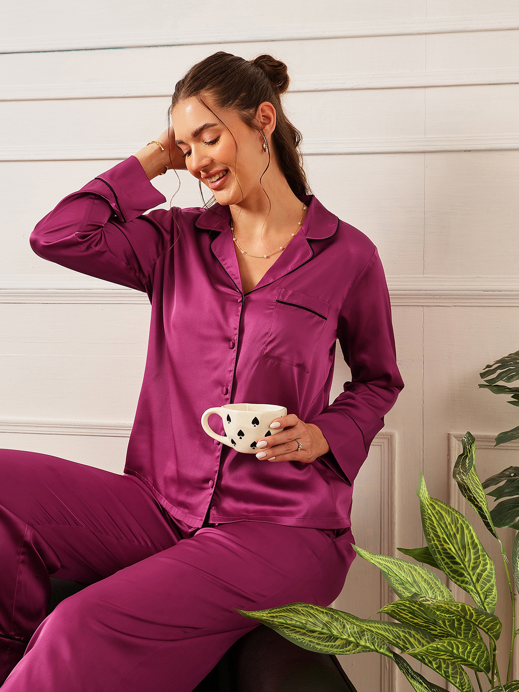 Pink Satin Full Sleeves Shirt & Pyjama Set